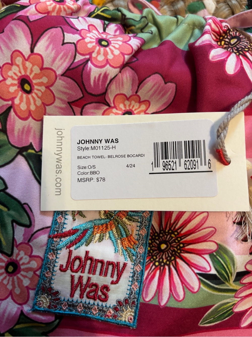 Johnny Was Striped Pink Floral Beach Towel with Pouch - Picture 2 of 7
